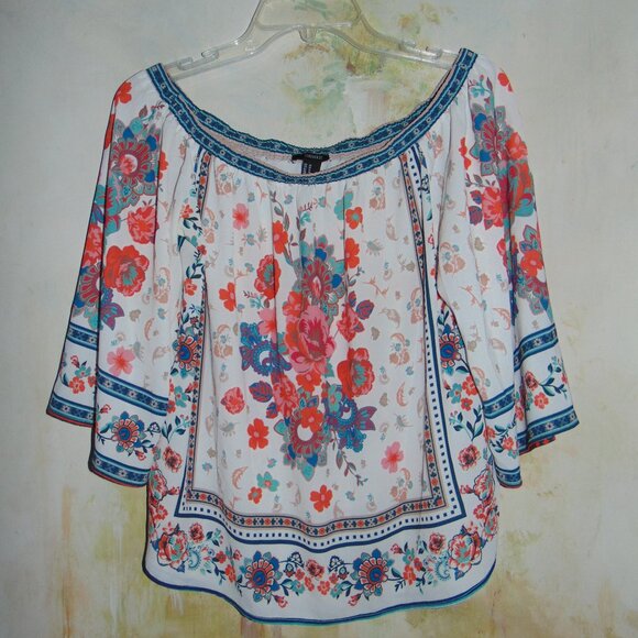 Forever 21 Shirt Mixed Floral Flutter Sleeve Boho Smocked Off Shoulder Blouse M - Picture 2 of 6
